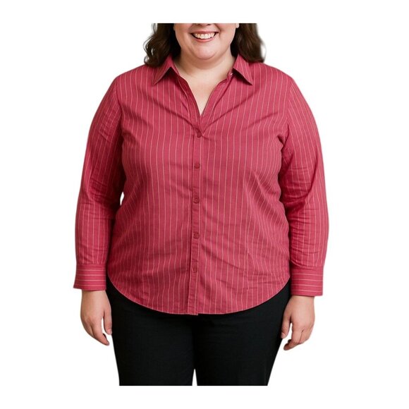 New York & Company Burgundy Stretch Stripe Front Collared Button-Up Top Size XL - Picture 1 of 8